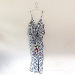 rinku / white blue botanical jumpsuit with tassels L